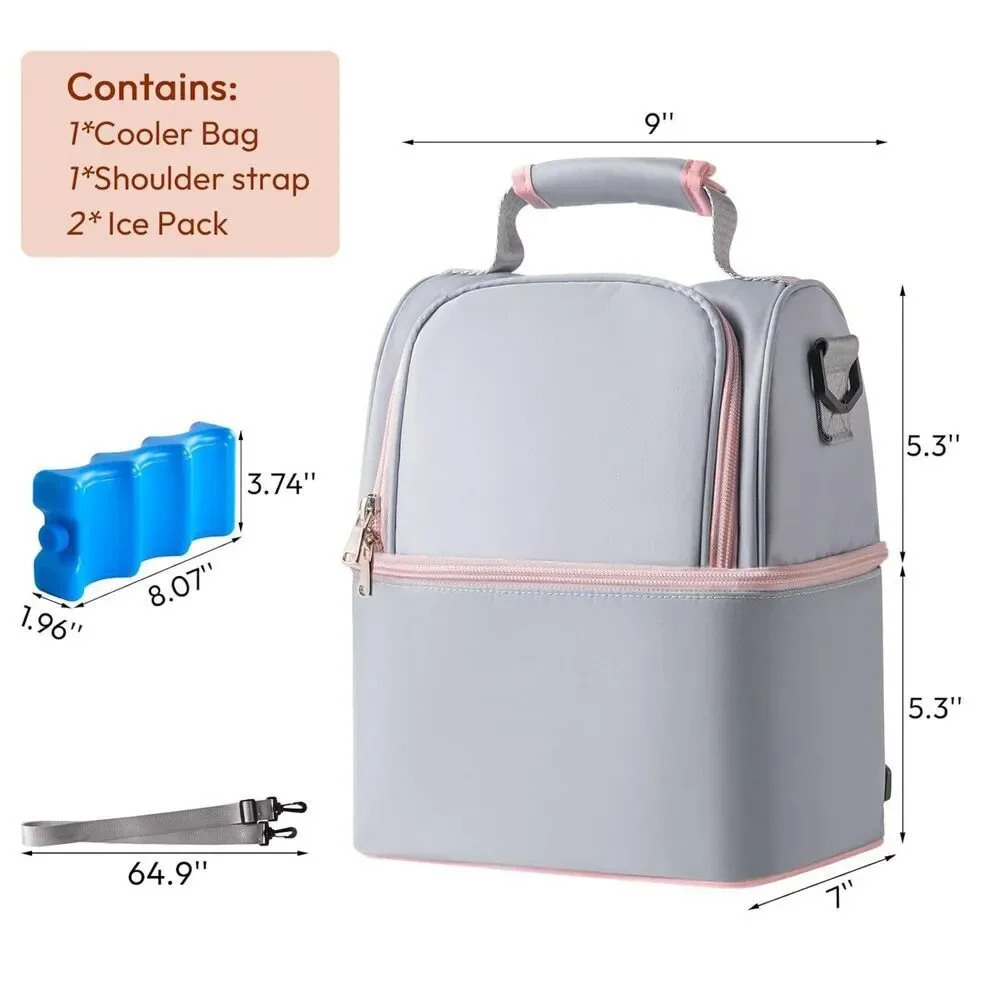 NCVI Breastmilk Cooler Bag 2 Ice Packs Holds 6 Bottles Double Layer Grey Pink